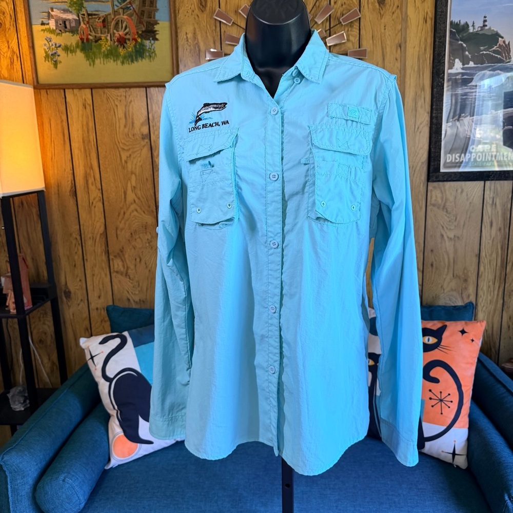 Banana Boat Aqua Blue Sport Fishing Button Down Shirt w/ Long Beach logo